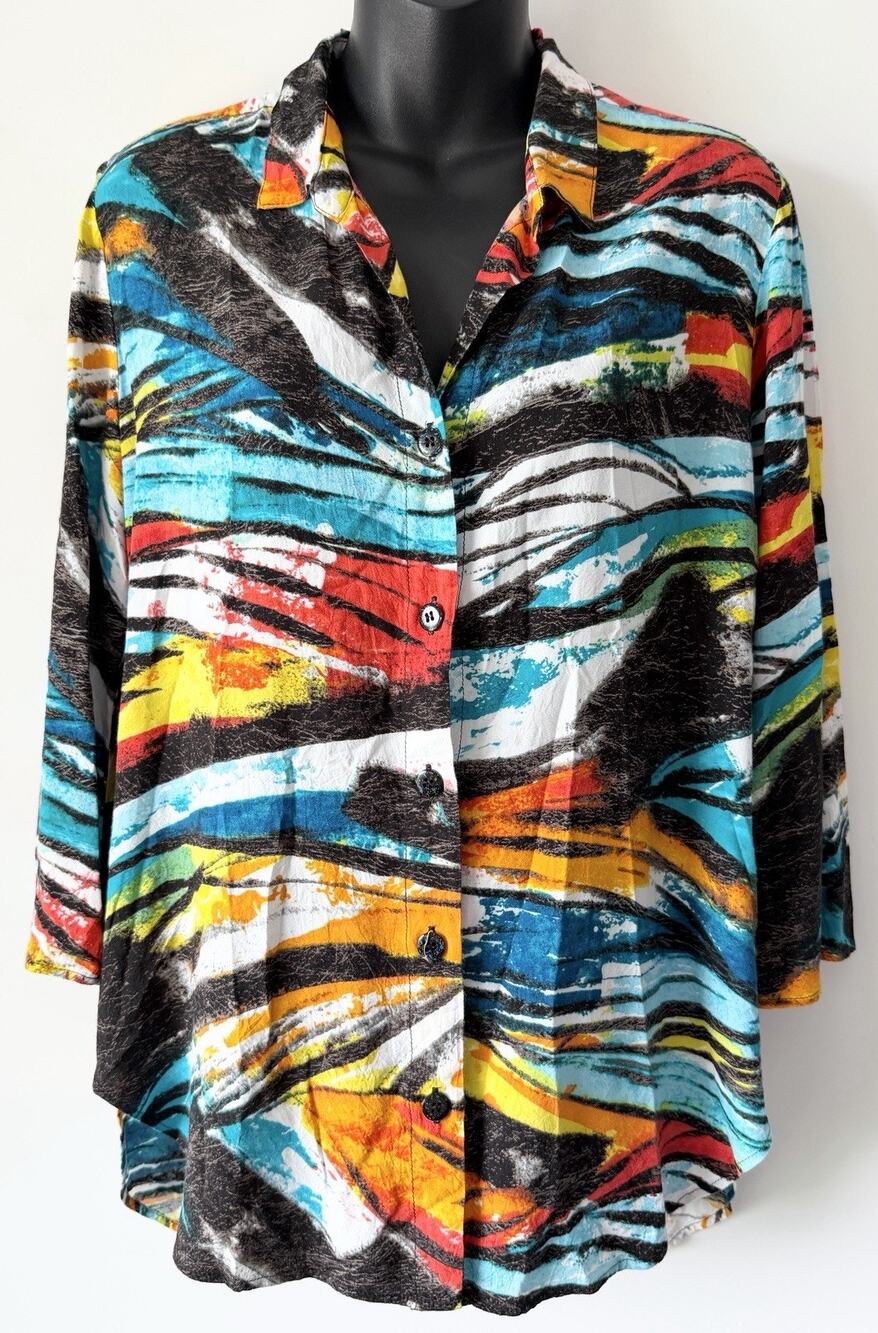 Jams World Women Colorful Tunic Top Small Blouse Bell Sleeve Abstract Art Bright
